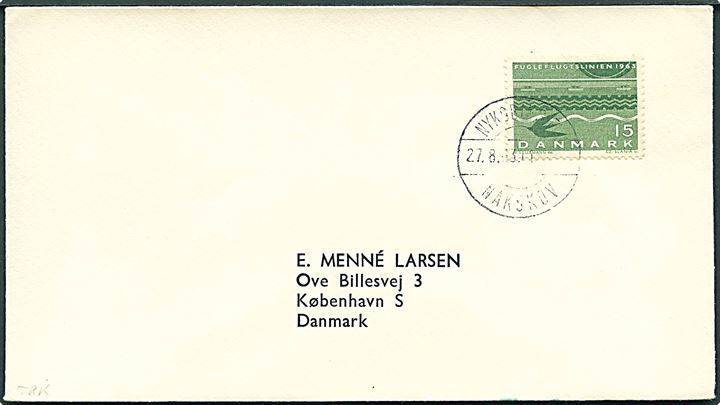 15 øre Fugleflugtslinien på tryksag annulleret med bureaustempel Nykøbing Fl - Nakskov d. 27.8.1963 til København. 