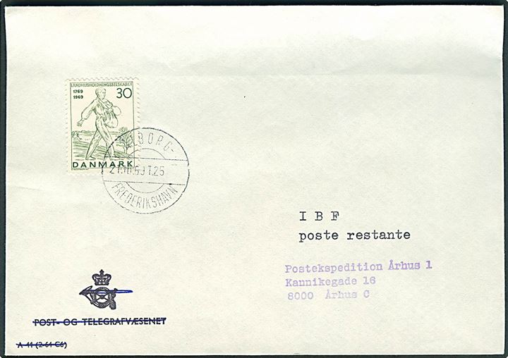 30 øre Landhusholdningsselskabet på brev annulleret med bureaustempel Ålborg - Frederikshavn T.25 d. 21.10.1969 til poste restante i Århus.