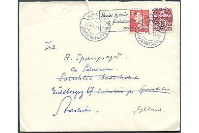 5 øre Bølgelinie og 30 øre Fr. IX på brev fra København d. 20.6.1963 til Svinkløv Badehotel pr. Fjerritslev - eftersendt til Aarhus med pr.stempel Hjortdal pr. Fjerritslev d. 22.6.1963. Rifter.