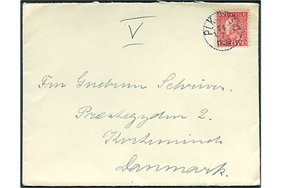 15 öre Gustaf på brev fra Åre annulleret med bureaustempel PLK 303C (= Storlien - Östersund) d. 14.7.1932 til Kerteminde, Danmark.