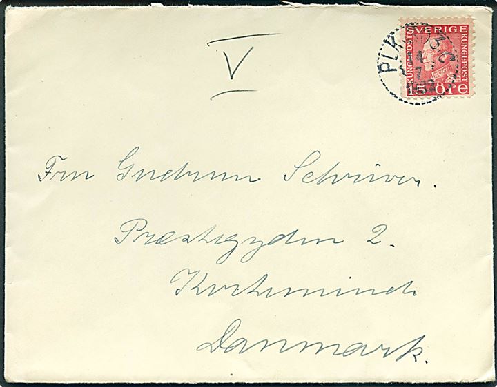 15 öre Gustaf på brev fra Åre annulleret med bureaustempel PLK 303C (= Storlien - Östersund) d. 14.7.1932 til Kerteminde, Danmark.