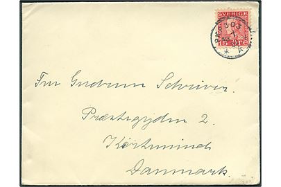 15 öre Gustaf på brev fra Åre annulleret med bureaustempel PKP 303A (= Storlien - Östersund) d. 18.7.1932 til Kerteminde, Danmark.