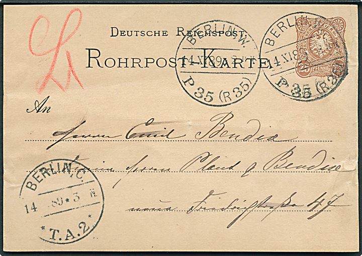 25 pfg. helsags rørpostbrevkort sendt lokalt i Berlin d. 14.11.1889.