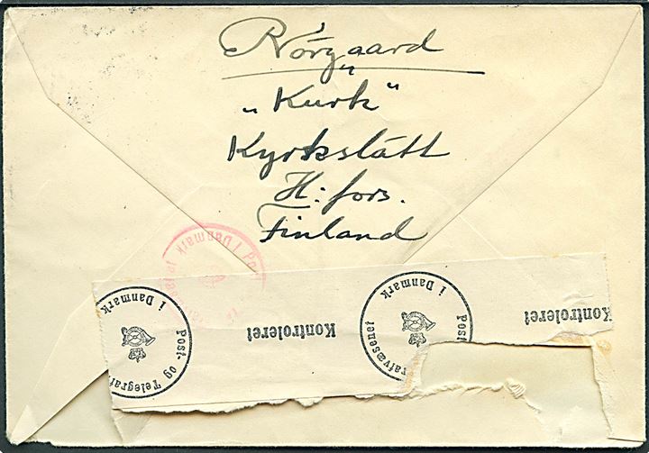 2+½ mk. Røde Kors og ,½ mk. Aero Oy på luftpostbrev fra Kirkslätt d. 30.4.1944 til København, Danmark. Både finsk og dansk censur.