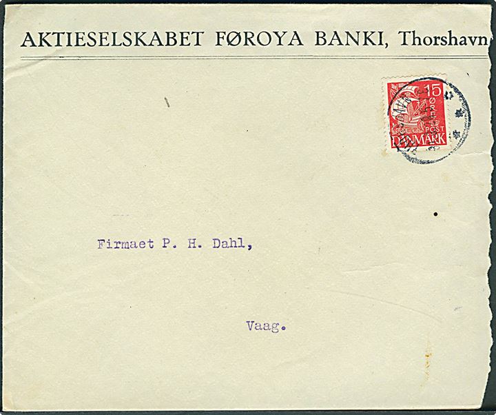 15 øre Karavel på brev annulleret med brotype IIIb Thorshavn d. 31.3.1928 til Vaag.