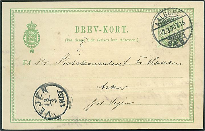 5 øre Våben helsagsbrevkort annulleret med bureaustempel Aalborg - Sæby T.16 d. 12.3.1900 til Askov pr. Vejen.