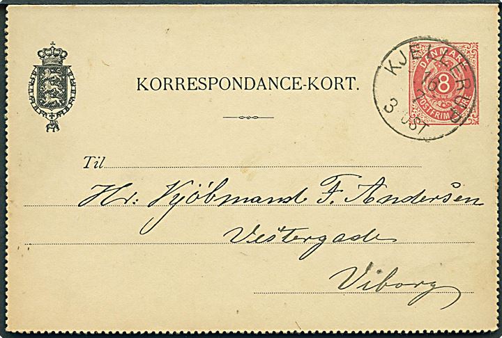 8 øre helsags korrespondancekort annulleret med lapidar Kjellerup d. 16.7.1890 til Viborg.