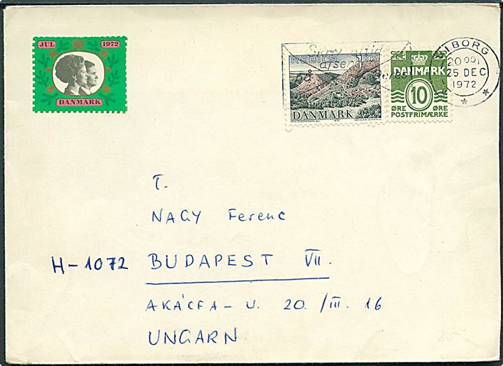 10 øre Bølgelinie og 1 kr. Rebild Bakker på brev fra Viborg d. 25.12.1972 til Budapest, Ungarn.