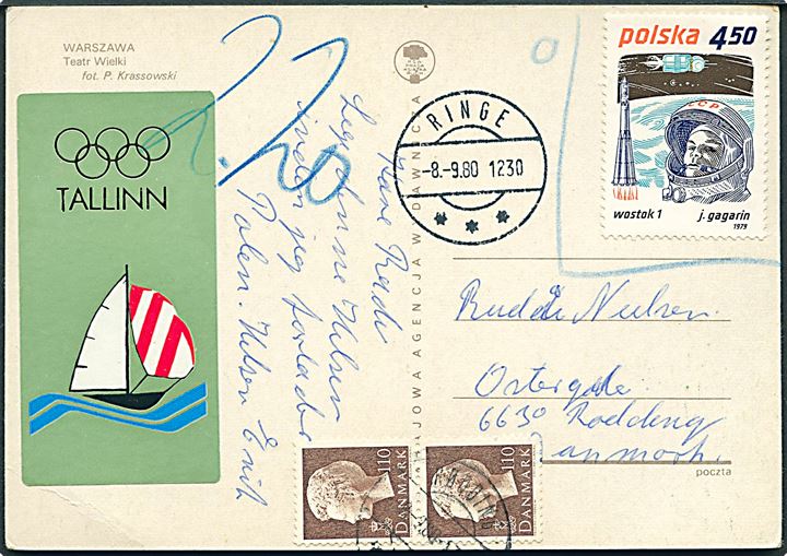 Polsk 4,50 zl. Gagarin på brevkort med Tallinn OL-mærkat skrevet i Polen, men afsendt fra Ringe d. 8.9.1980 til Rødding. Polsk frankering markeret ugyldig og udtalseret i porto med 110 øre Margrete i parstykke benyttet som portomærke og stemplet Rødding d. 9.9.1980.
