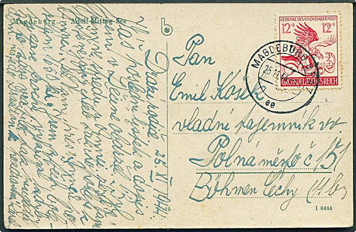 12+8 pfg. Hitlerputsch 20 år på brevkort fra Magdeburg d. 25.11.1944 til Polna mesto, Böhmen