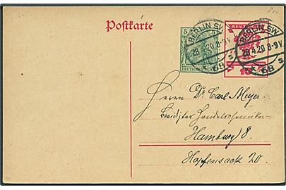10 pfg. Nationalversammlung og 5 pfg. Germania privat helsagsbrevkort brugt fra Berlin d. 28.4.1920 til Hamburg.