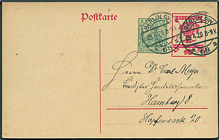 10 pfg. Nationalversammlung og 5 pfg. Germania privat helsagsbrevkort brugt fra Berlin d. 28.4.1920 til Hamburg.