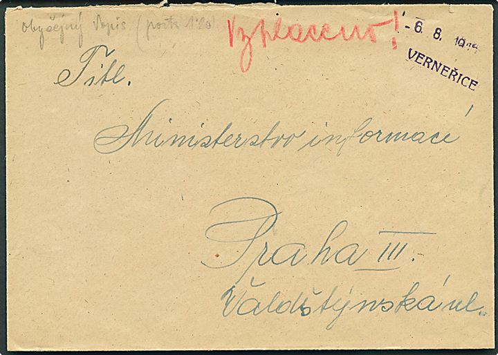 Ufrankeret brev med provisorisk stempel fra Verneřice d. 6.8.1945 til Prag.