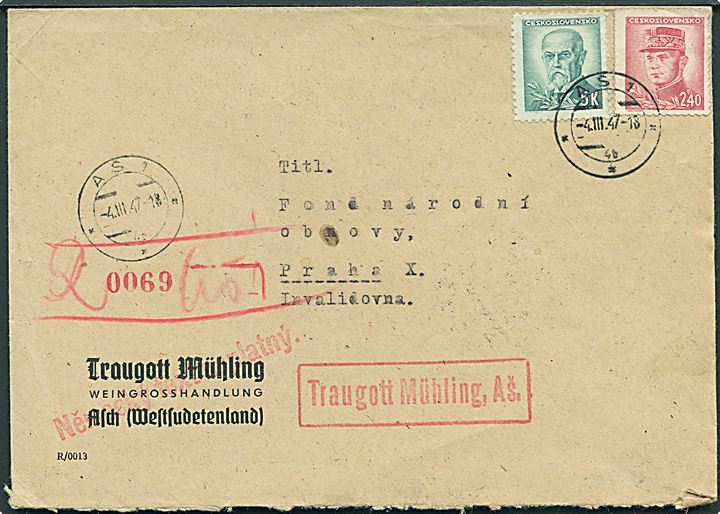 2,40 k. og 5 k. på anbefalet brev fra As d. 4.3.1947 til Prag. Håndtegnet Rec.-etiket.
