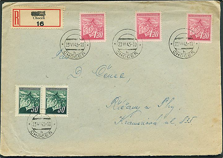 50 h. (par) og 1,20 k. (3) på anbefalet brev annulleret med udslebet stempel i Chocen d. 23.6.1945 til Říčany.