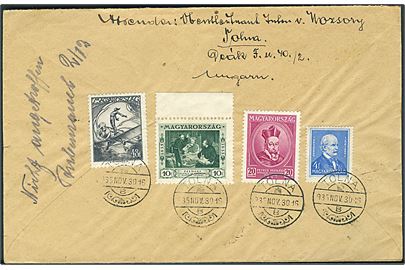 4 f. Semmelweis, 10 f., 20 f. Peter-Pazmany Universitet og 48 f. Luftpost på bagsiden af anbefalet brev fra Tolna d. 30.11.1935 til Wermelskirchen, Tyskland.