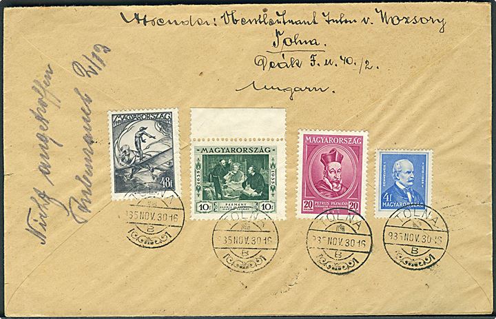 4 f. Semmelweis, 10 f., 20 f. Peter-Pazmany Universitet og 48 f. Luftpost på bagsiden af anbefalet brev fra Tolna d. 30.11.1935 til Wermelskirchen, Tyskland.