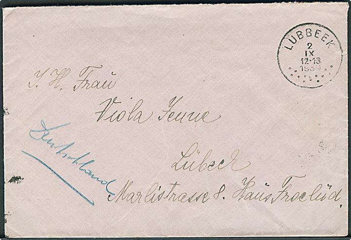 32 f. blandingsfrankeret brev fra Budapest d. 28.8.1939 til Lübeck, Tyskland. Fejldirigeret til Lubbeek i Belgien.