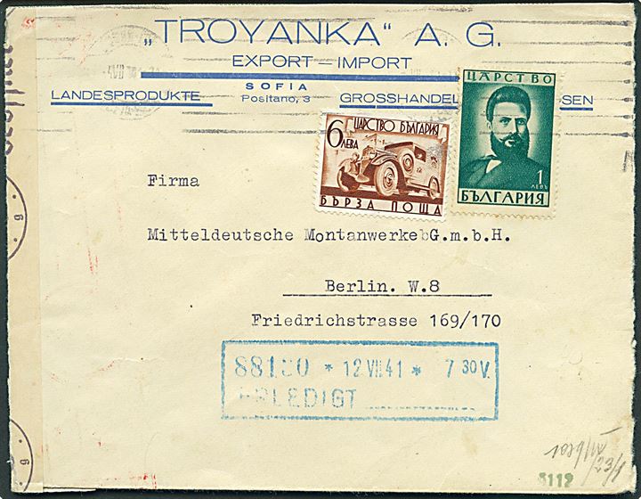 1 l. Bolev og 6 l. Ekspresmærke på brev fra Sofia d. 4.7.1941 til Berlin, Tyskland. Åbnet af tysk censur i Wien.
