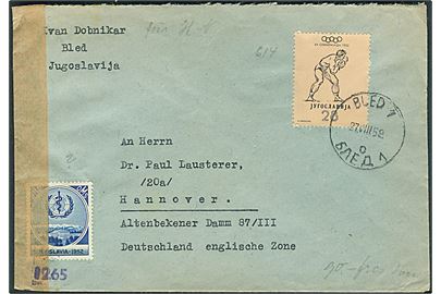 28 din. Boksning Olympiade udg. på brev fra Bled d. 27.8.1952 til Hannover, Tyskland. Åbnet af allieret efterkrigscensur i Tyskland..