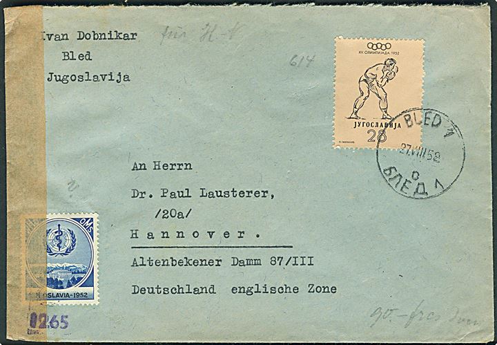 28 din. Boksning Olympiade udg. på brev fra Bled d. 27.8.1952 til Hannover, Tyskland. Åbnet af allieret efterkrigscensur i Tyskland..