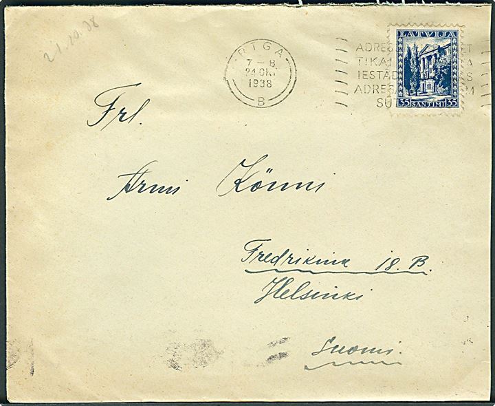 35 s. single på brev fra Riga d. 24.10.1938 til Helsinki, Finland.
