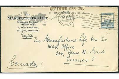 15 mills single på brev fra Tel Aviv d. 1.8.1940 til Toronto, Canada. 