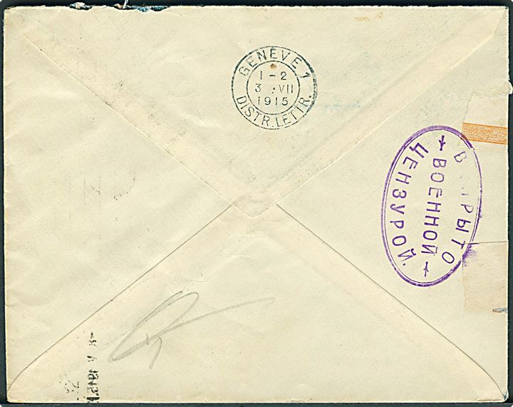 10 kop. Våben på brev fra Moskva d. 8.5.1915 til Int. Røde Kors i Geneve, Schweiz. Åbnet af russisk censur.