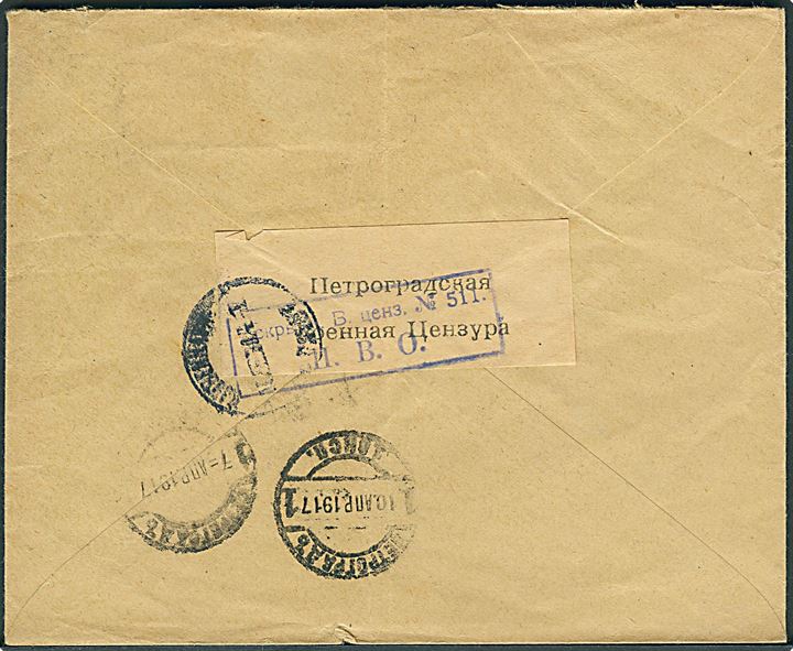 10 kop. Våben på brev fra Odessa d. 30.3.1917 til København, Danmark. Åbnet af russisk censur i Petrograd.