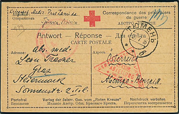 Ufrankeret fortrykt svardel af krigsfangebrevkort fra østrigsk krigsfange i Sibirien stemplet Tjumen d. 21.7.1916 til Graz, Østrig. Russisk og østrigsk censur.
