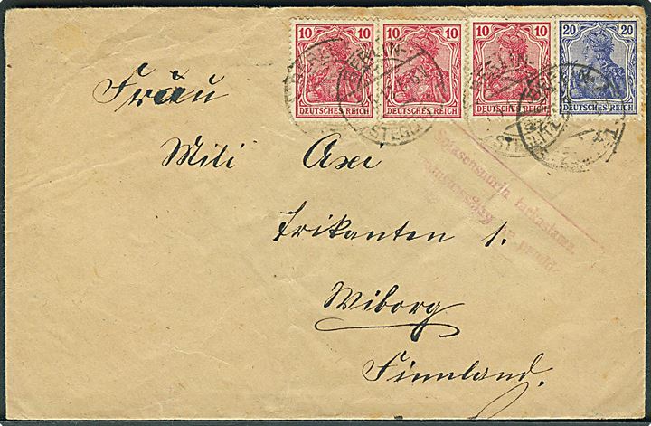 10 pfg. (3) og 20 pfg. Germania på brev fra Berlin d. 7.5.1919 til Wiborg, Finland. 2-sproget finsk borgerkrigscensur.