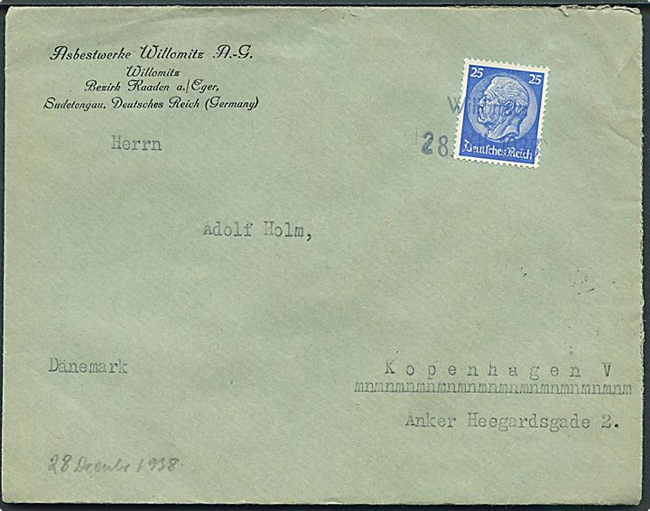 25 pfg. Hindenburg på brev fra Sudeterland annulleret med provisorisk stempel i Willomitz d. 28.12.1938 til København, Danmark.
