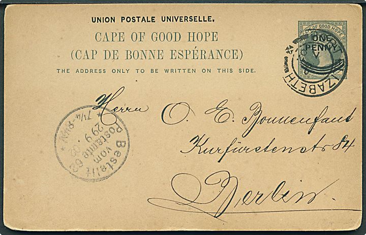 1d/1½d provisorisk Victoria helsagsbrevkort fra Port Elizabeth d. 7.9.1902 til Berlin, Tyskland.