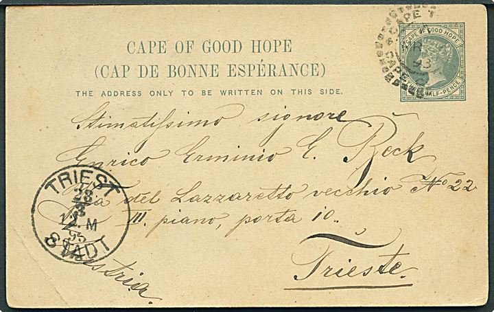 1½d Victoria helsagsbrevkort fra Cape Town d. 5.3.1893 til Trieste, Østrig. 