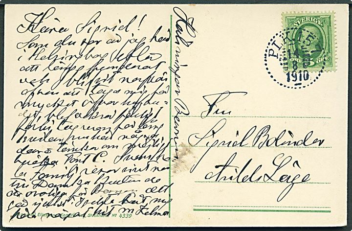 5 öre Oscar på brevkort fra Helsingborg annulleret med bureaustempel PLK 157 d. 14.8.1910 (= Helsingborg - Eslöv) til Arilds Läge.
