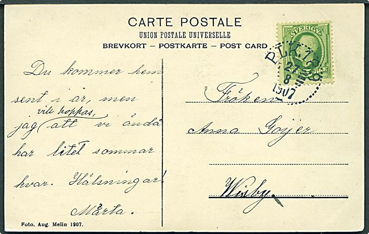 5 öre Oscar på brevkort fra Mönsterås annulleret med bureaustempel PLK 189 d. 27.8.1907 (= Kalmar - Berga) til Wisby.