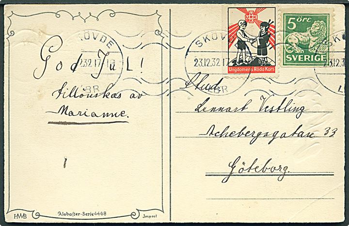5 öre Løve og Ungdomens Röda Kors mærkat på julekort fra Skövde d. 23.12.1932 til Göteborg. 