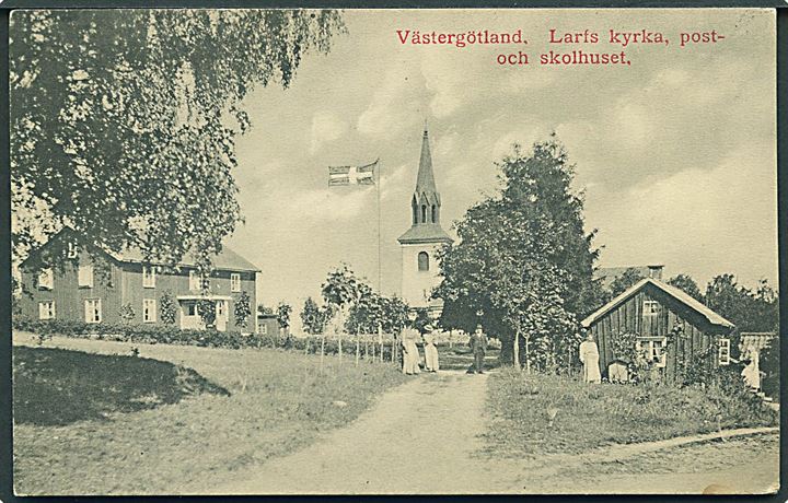 5 öre Gustaf og Julemærke 1911-1912 på brevkort (Västergötland, Larfs kyrka, post- och skolhuset) fra Foglavik d. 8.12.1911 til Strömstad.