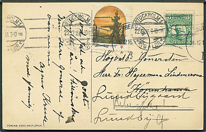 5 öre Gustaf og Julemærke 1916-1917 på brevkort (Aina Stenberg: Pige i rød dragt og blomster) fra Stockholm d. 22.12.1916 til København, Danmark - eftersendt til Lundby.
