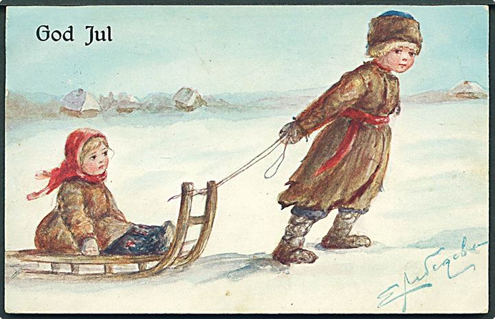 5 öre Oscar og Julemærke 1908 på julekort (Børn på kælk) fra Göteborg d. 24.12.1908 til Mölnlycke.
