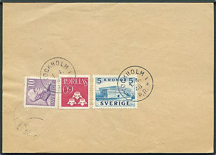 10 öre Gustaf, 60 öre Tre Kroner og 5 kr. Stockholm Slot på bagsiden af portoregning Bl. 171 (Aug. 43) stemplet Stockholm  1 *P.R.* d. 1.4.1948.