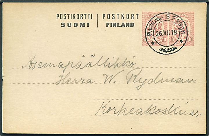 10+10 pen. Løve provisorisk helsagsbrevkort fra Kangasala annulleret med 2-sproget bureaustempel P.vagn 5 d. 26.7.1919 til Korkeakoski As.