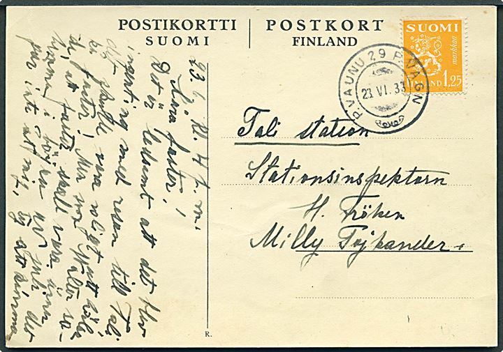 1,25 mk. Løve på brevkort annulleret med 2-sproget bureaustempel P. Vagn 29 d. 23.6.1933 til Tali Station. Lodret fold.
