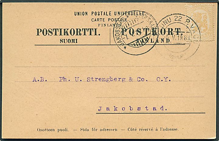 20 pen Løve på brevkort fra Kaskö annulleret med 2-sproget bureaustempel P. Vagn 22 d. 6.5.1919 til Jakobstad.