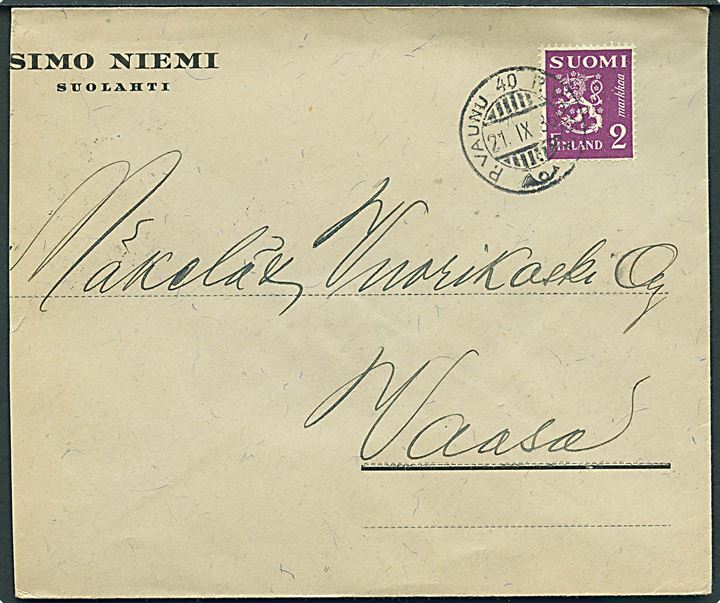 2 mk. Løve på brev fra Suolahti annulleret med 2-sproget bureaustempel P. Vagn 40 d. 21.9.1938 til Vasa. Afkortet i venstre side.