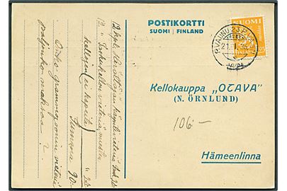 1,25 mk. Løve på brevkort fra Kerisalo annulleret med 2-sproget bureaustempel P. Vagn 23 d. 21.1.1936 til Hämeenlinna.