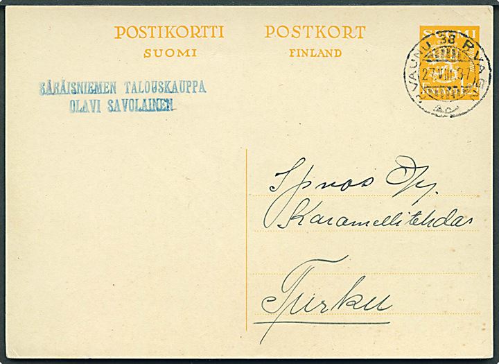 1,25 mk. Løve helsagsbrevkort fra Säräisniemen annulleret med 2-sproget bureaustempel P. Vagn 38 d. 27.8.1937 til Turku.