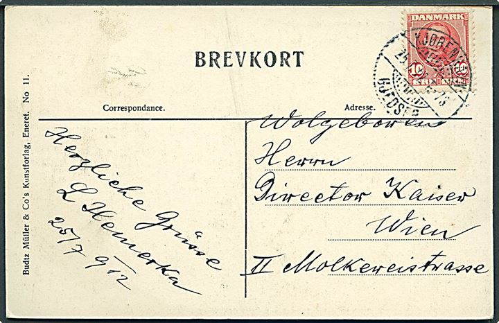 10 øre Fr. VIII på brevkort (Udsigt over Københavns havn) annulleret med bureaustempel Kjøbenhavn - Gjedser T.73 d. 25.7.1912 til Wien, Østrig.
