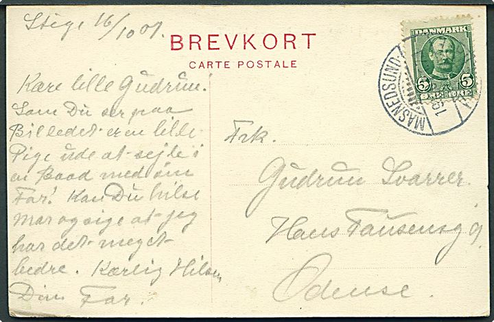 5 øre Fr. VIII på brevkort (Liselud, Møens Klint) dateret i Stege og annulleret med bureaustempel Masnedsund - Kallehave T.7 d. 19.10.1907 til Odense.