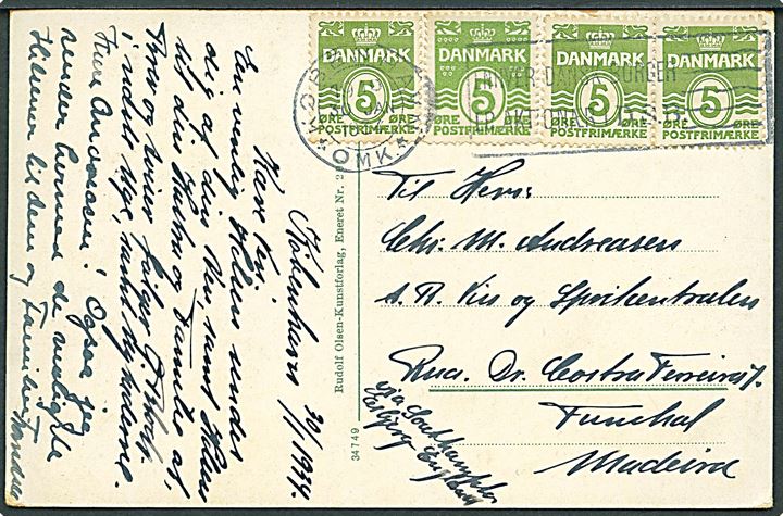 5 øre bogtryk (1) og stålstik (3) Bølgelinie på blandingsfrankeret brevkort fra København d. 30.1.1934 til Funchal, Madeira. Påskrevet: via Southampton / Esbjerg-England.